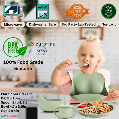 Vista 3 de Silicone Baby feeding set, 7PCS Baby Led Weaning Supplies, Toddler Weaning set with Suction Plate and bowl, Toddler Spoon and fork, Sippy Cup with