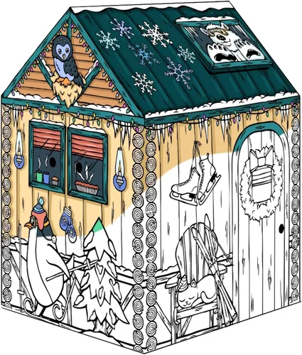 Bankers Box at Play Casa de juegos de invierno de gran color en la cabaña Cottage, casa de juegos de cartón y actividad de manualidades a tamaño