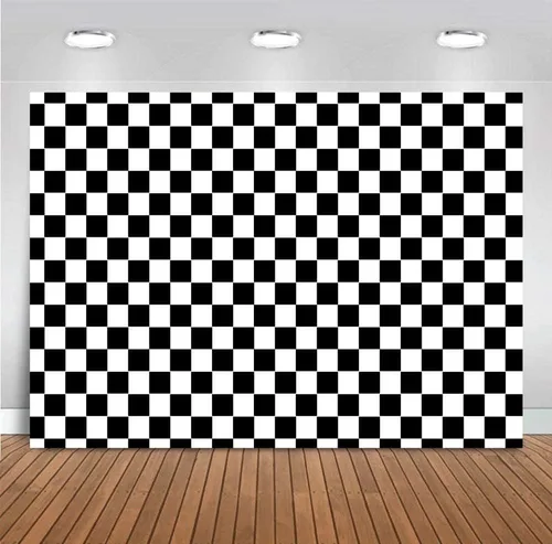 Cartel de fiesta de cosplay, bandera a cuadros, telón de fondo de vinilo de 7 x 5 pies, fondo fotográfico de carreras blanco y negro, textura de