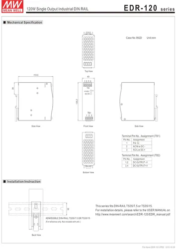 Vista 5 de MEAN WELL EDR-120-24 Fuente de alimentación de riel DIN de salida única 24V 5 Amp 120W