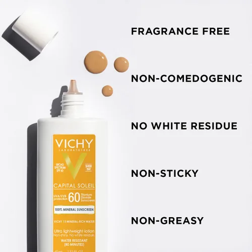 Vista 4 de Vichy Capital Soleil Tinted Mineral Sunscreen for Face SPF 60, Titanium Dioxide Face Sunscreen, Travel Size Sunscreen, Water Resistant, Light
