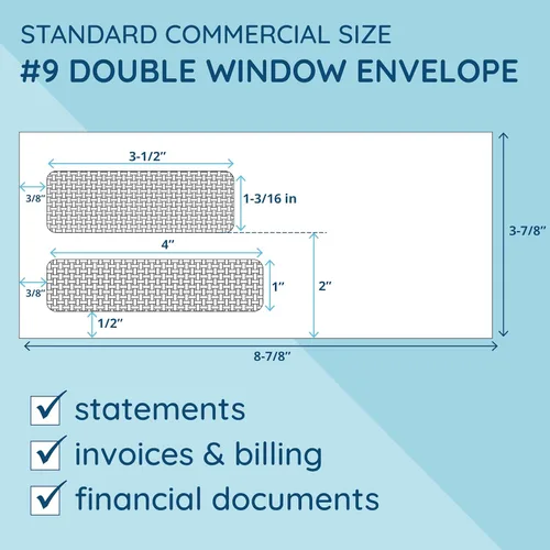 Vista 4 de 500 No. 9 Double Window Security Envelopes - Designed for Quickbooks Invoices and Business Statements with Self Seal Peel and Seal Flap - Number 9