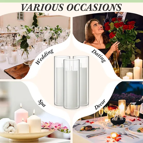Vista 6 de Didaey 3 juegos de velas de pilar blanco y portavelas de cristal, jarrones cilíndricos transparentes para velas de pilar delgadas, centros de mesa