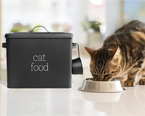 Vista 4 de AuldHome Design Farmhouse - Contenedor de comida para gatos (negro) con aspecto esmaltado rústico con cuchara