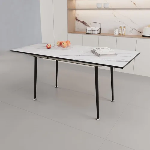 Vista 6 de 47" 63" extendabledining Table and Chair Set, Suitable for 2 6 People, White Dining Table and Light Green Dining Chair 4 Set, Metal Base and Linen