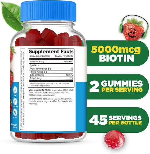 Vista 2 de Lifeable Gomitas de biotina sin azúcar para niños, 5000 mcg, suplemento de biotina de gran sabor, gomitas de biotina para el crecimiento