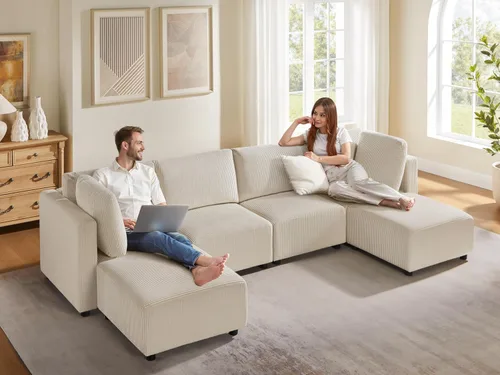Vista 6 de Sofá modular modular con otomanas, sofá modular reversible de pana con diván, sofá cama modular en forma de U de 6 plazas, sofá cama combinado