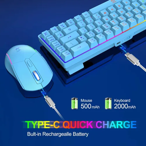 Vista 3 de Combinación de teclado y ratón inalámbricos para juegos Snpurdiri 60%, batería recargable con retroiluminación LED de 2000mAh, teclado de membrana