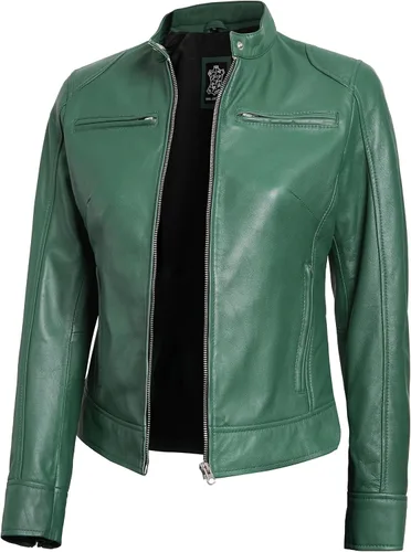 Vista 10 de Decrum Cafe Racer Chaqueta de piel de cordero real estilo motocicleta para Beige