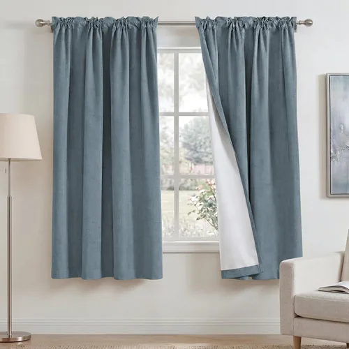 Vista 30 de PrinceDeco Cortinas de lino natural de 45 pulgadas para ventana pequeña, bolsillo para barra, cortinas opacas completas con forro blanco, paneles