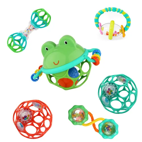 Bright Starts Little Shakers Set de 6 piezas para regalo, Tecnología Oball de fácil agarre, sonajeros para bebés, bolas y mordedores, juguetes para