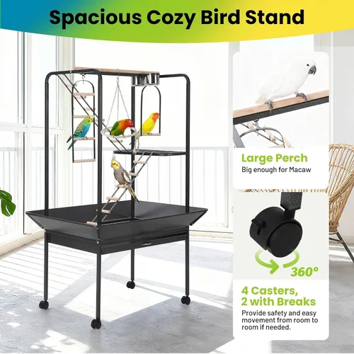 Vista 7 de TrailBlaze Spacious Bird Play Center Stand SY-252, pajarero de loro resistente para interiores y exteriores con ruedas bloqueables, perchas