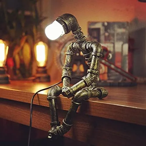 Vista 2 de Lámpara de mesa Steampunk, lámpara de escritorio retro industrial de bronce con 2 bombillas Edison regalo creativo