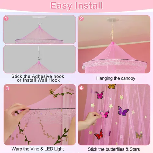 Vista 3 de FIOBEE Toldo de Cama para Habitación de Niñas, Cortinas de Dosel con Luces LED, Mosquitero con Red de Malla, Decoración DIY de Habitación