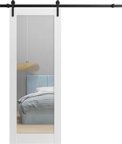 Vista 10 de Puerta de granero resistente de 18 x 80 pulgadas Lucia 1299 negro mate con espejo Perchas de riel de acero inoxidable de 6.6 pies Puertas