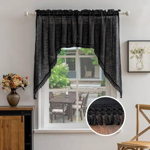 Vista 26 de Beda Home - Cenefas de lino texturizado con borlas para cocina de granjas; decoración rústica con filtro de luz para ventanas pequeñas, dormitorio