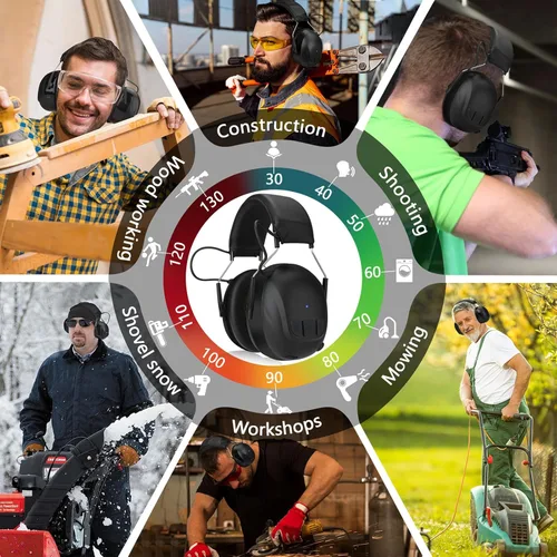 Vista 7 de Kalence Auriculares con Bluetooth 6.0, protección auditiva con tiempo de trabajo de 120H, orejeras de seguridad de 30dB, auriculares recargables