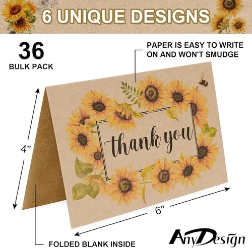 Vista 2 de AnyDesign Paquete de 36 tarjetas de agradecimiento de girasol Kraft surtidas a granel de flores de primavera y verano en blanco con calcomanías