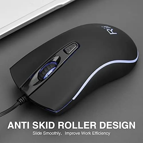 Vista 4 de Rii Ratón con cable, mouse USB RM105, mouse de oficina óptico LED azul de 1600 DPI para PC, computadora, laptop, escritorio, Windows (RM105 1 unidad)