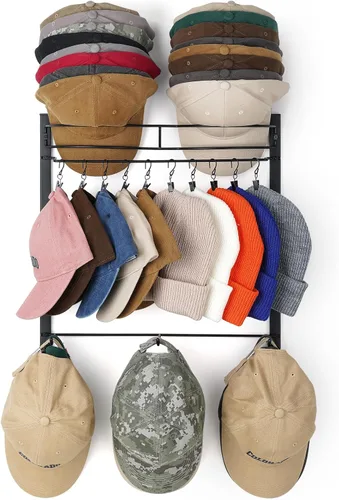 Perchero para 45 gorras de béisbol con 10 clips, organizador de sombreros de 3 niveles para pared, multifuncional para colgar sombreros, soporte de