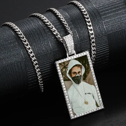 Vista 3 de TUHE Custom Picture Necklaces For Men Women 18K Gold Plated Personalized Photo Pendant Customized Diamond Square Engraved Silver Memorial Rip Chain