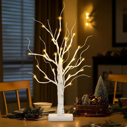 Vista 2 de PABIPABI Árbol de Abedul Iluminado, Árbol de Navidad de 22'' con 24 LED, Centro de Mesa Árbol Artificial con Luces Alimentado por Batería