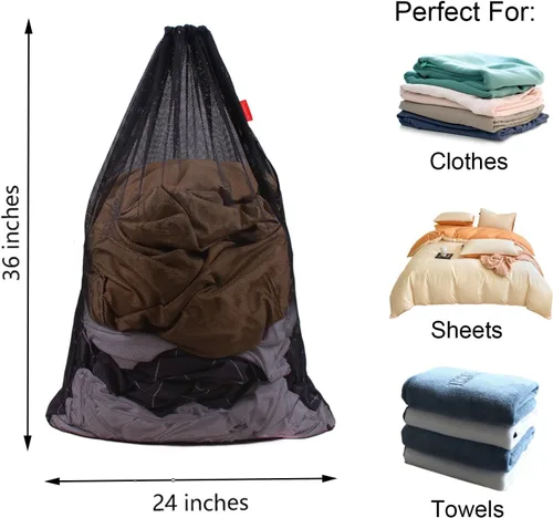 Vista 2 de Paquete de 3 Bolsas de Malla para Lavandería, Bolsa Resistente con Cordón de 24 x 36 Pulgadas, Fábricas, Universidad, Dormitorio, Viajes