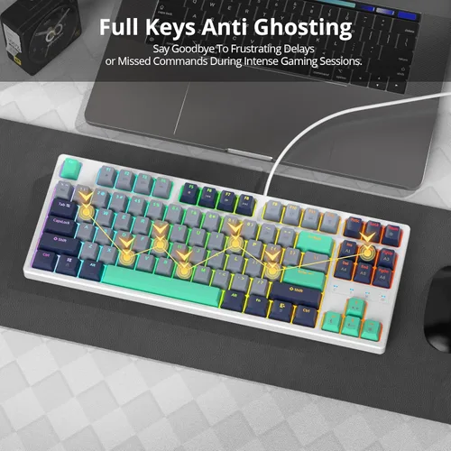Vista 7 de Teclado mecánico 75% para juegos con interruptor rojo, retroiluminación LED RGB, teclado de computadora con cable TKL de 87 teclas para Windows