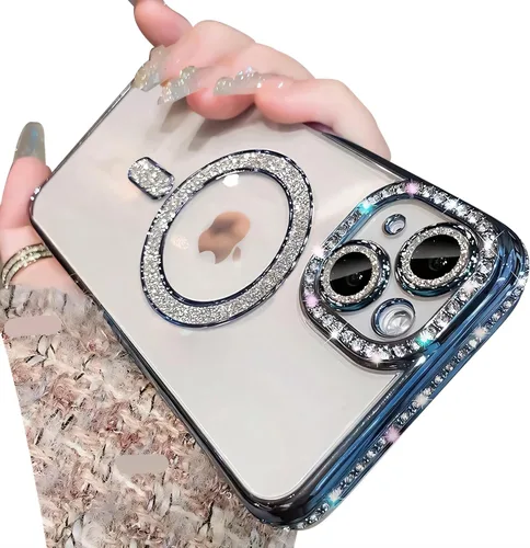 Vista 10 de Funda magnética con purpurina para iPhone 15 Plus [compatible con MagSafe] protector de lente de cámara con diamantes de imitación brillantes