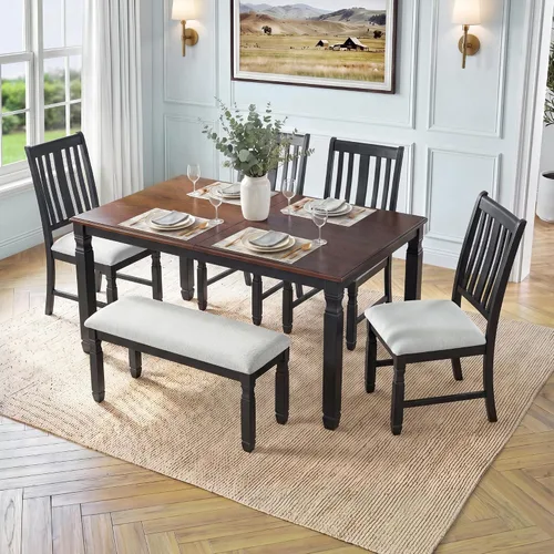 Vista 27 de JIVOIT Juego de mesa de comedor rústica de 6 piezas con hermoso patrón de grano de madera, juego de cocina de madera maciza con mesa de comedor