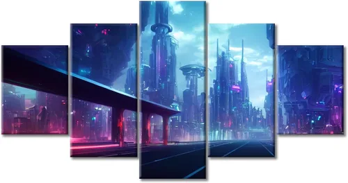 Vista 50 de Cuadros de 5 paneles de Cyberpunk City, arte de pared, representación de vallas publicitarias, edificios modernos en la capital con obras de arte