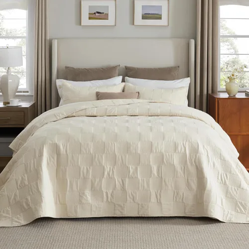 Vista 14 de Bedsure - Juego de edredón 100% algodón, tamaño King, colcha ligera y suave, juego de edredón de 3 piezas con costuras acogedoras, con 2 fundas