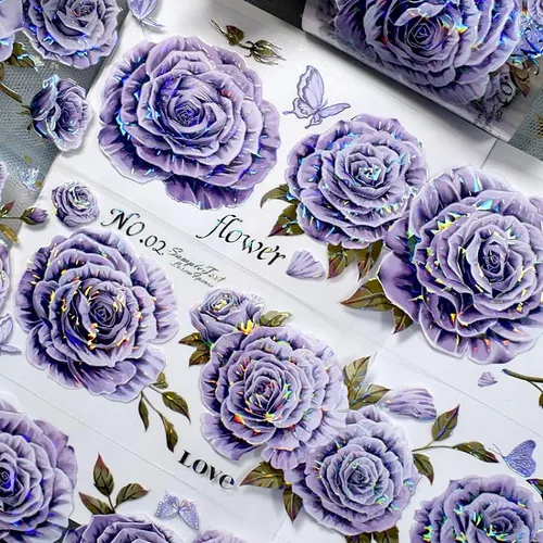 Vista 5 de Cinta washi de rosa para collage original de flores, creatividad, hecha a mano, para libro de diario, material PET con efecto láser (90395)