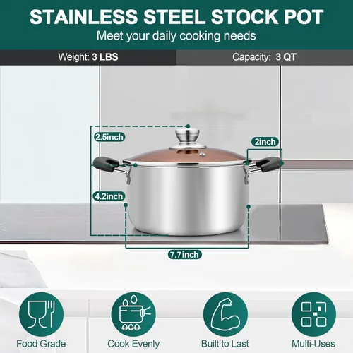 Vista 2 de TeamFar Olla de 3 cuartos de galón, olla de sopa de pasta de acero inoxidable con tapa, tapa de vidrio templado y asas dobles a prueba de calor,