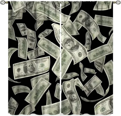 Vista 12 de Cortinas de dinero, divertidas decoraciones temáticas de billetes de 100 dólares, decoración temática de billetes de dólar, sala de estar Dólar-1