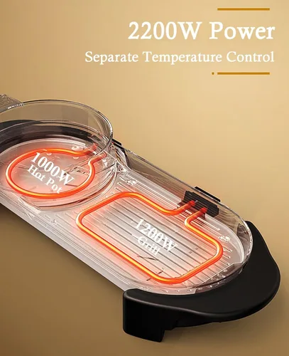 Vista 6 de Olla Caliente con Parrilla, Olla Caliente Eléctrica 2 en 1 Shabu Shabu Olla Caliente Barbacoa Coreana, Olla Caliente Desmontable 1200W / Bandeja