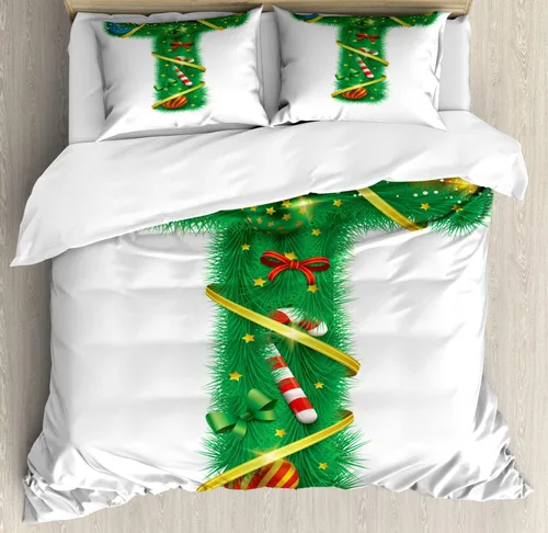 Vista 9 de Ambesonne Christmas Alphabet Duvet Cover Set, Tree Branches as B Letter Ornamented with Ribbon and Baubles, Decorative 3 Piece Bedding Set with 2
