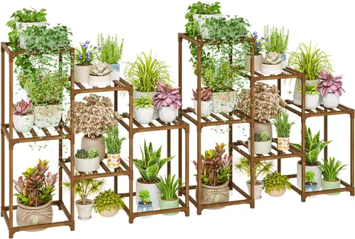 Vista 11 de Bamworld - Soporte para plantas de interior, estante de madera de exterior para múltiples plantas, soporte escalonado de 3 niveles para sala