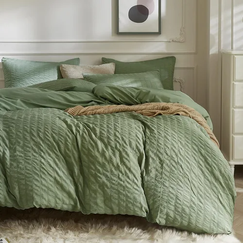 Vista 10 de JELLYMONI Funda de Edredón Color Caqui Tamaño King, Juego de Ropa de Cama de Microfibra Lavada de 3 Piezas, Juego de Funda de Edredón de Seersucker