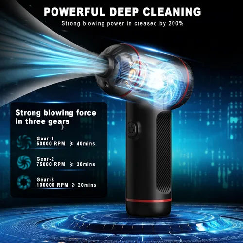 Vista 2 de Plumero de aire comprimido, plumero eléctrico ajustable de 3 velocidades de 100000 RPM, soplador de aire inalámbrico recargable con luz LED
