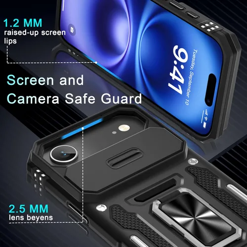 Vista 5 de DEERLAMN Funda para iPhone Air de 6.5 pulgadas con cubierta deslizante para cámara + protector de pantalla (2 paquetes), soporte de anillo giratorio