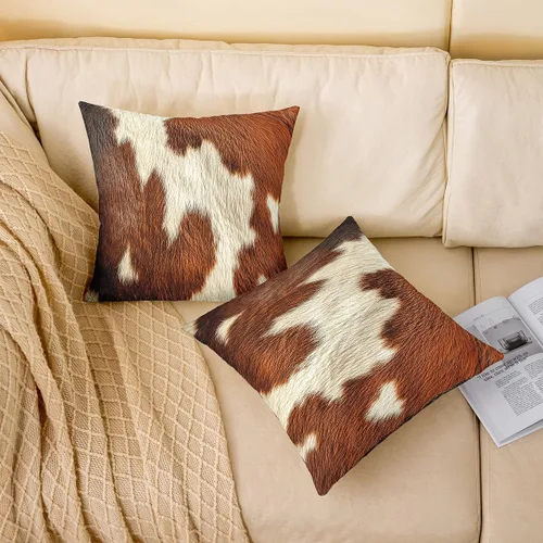 Vista 3 de Juego de 2 fundas de almohada con estampado de piel de vaca de 16"x16", fundas de cojín de piel de vaca para sala de estar, dormitorio, casa