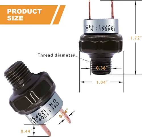 Vista 3 de mankk Interruptor de presión de aire 120-150 PSI Rosca 1/8 "NPT 24V 12V DC Compresor de aire Interruptor de presión para tren de bocina de aire