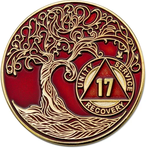 Vista 255 de 1 año Sobriety Mint Twisted Tree of Life Medallón de recuperación AA chapado en oro, chip/ficha - negro
