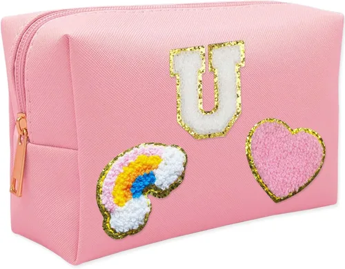 Vista 15 de Bolsa de Maquillaje Preppy, Estuche de Lápices de Cuero PU Premium Impermeable Bolsa de Cosméticos con Sonrisa Corazón Arcoíris Linda Bolsa