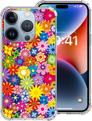 Funda transparente compatible con iPhone 14 Pro, diseño colorido de flores, TPU suave, a prueba de golpes, antiarañazos, transparente, diseñada para