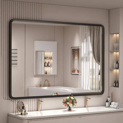 Vista 19 de Espejo rectangular con marco mate negro de 20x30 pulgadas para baño, espejo de tocador para pared de baño con esquinas redondeadas, antióxido y a