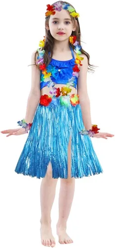 Vista 2 de Fighting to Achieve Girl's Elastic Hawaiian Hula Dancer Grass Skirt with Flower Costume