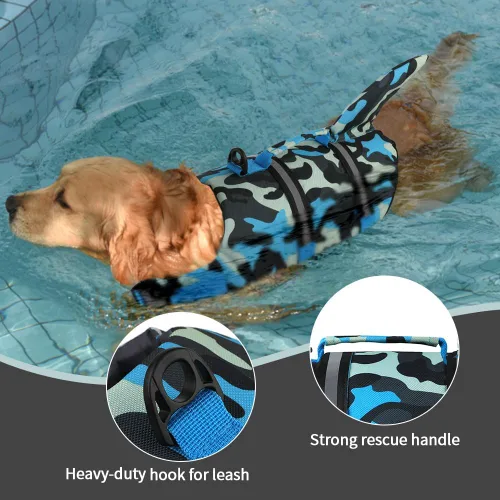 Vista 4 de Doglay Chaleco salvavidas para perro, chaleco salvavidas de tiburón Camuflaje azul-tiburón