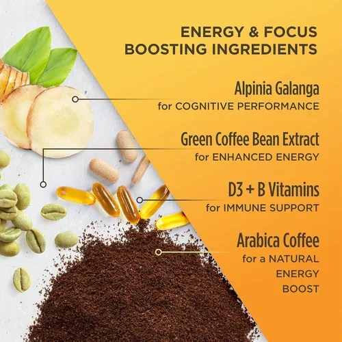 Vista 4 de Cápsulas de café VitaCup Lightning, para la memoria y el enfoque con el doble de cafeína, grano de café verde, vitaminas B, D3, café tostado oscuro